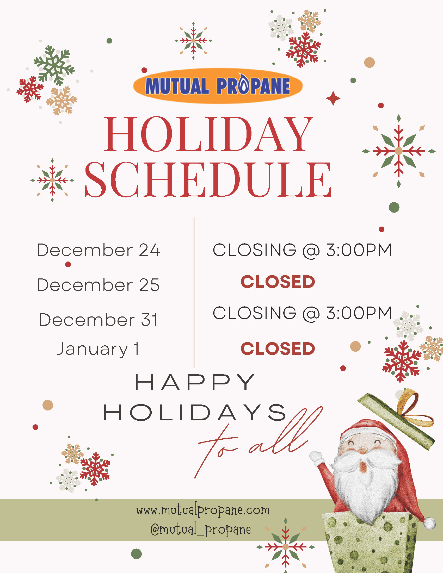 Holiday Hours 2024 Mutual Liquid Gas & Equipment Company